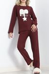 Nakışlı Fitilli Pijama Takımı Bordo - 19217.1048.