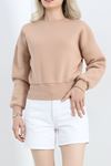 Bisiklet Yaka 3 İplik Crop Sweat Bej - 20968.1878.