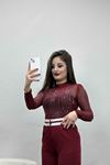 Taşlı Transparan Çıtçıtlı Bodysuit Bordo - 30167.1918.